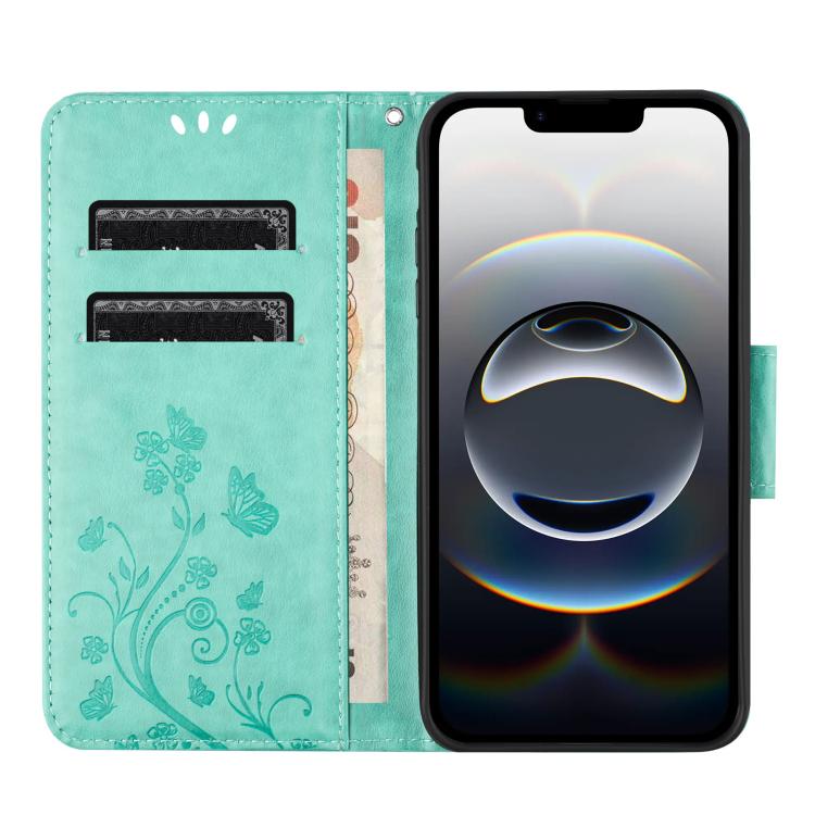 For iPhone 16e Butterfly Flower Pattern Flip Leather Phone Case(Green)
