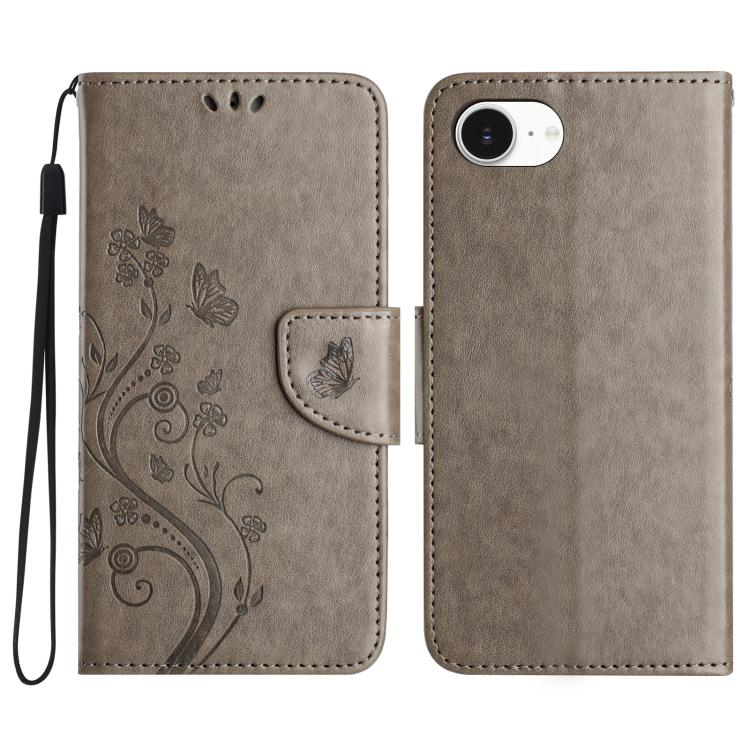 For iPhone 16e Butterfly Flower Pattern Flip Leather Phone Case(Grey)