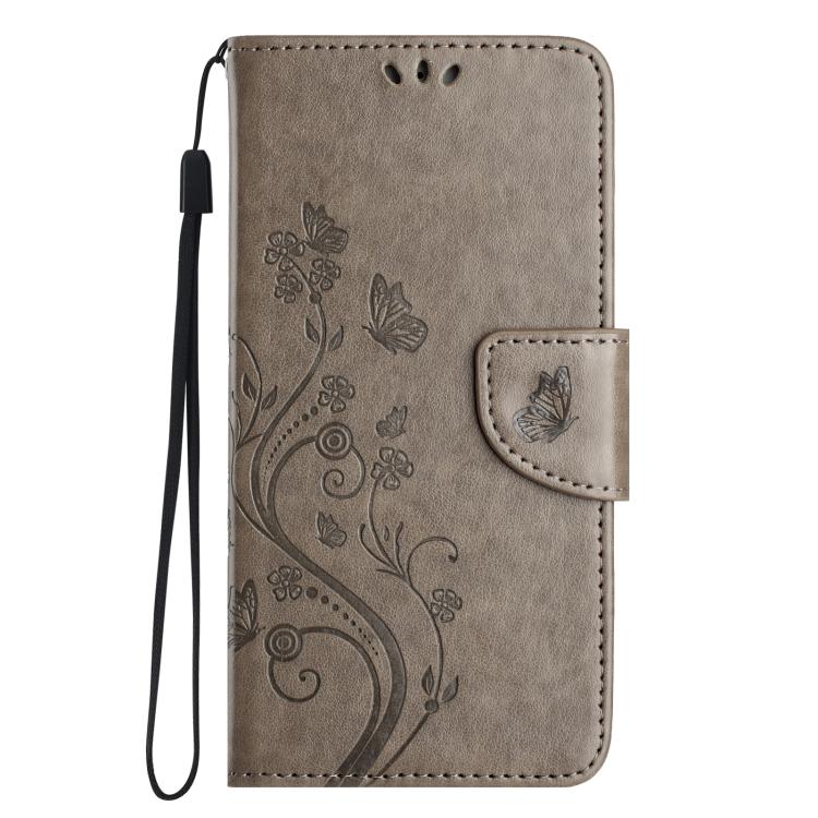 For iPhone 16e Butterfly Flower Pattern Flip Leather Phone Case(Grey)