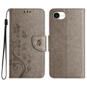 For iPhone 16e Butterfly Flower Pattern Flip Leather Phone Case(Grey)