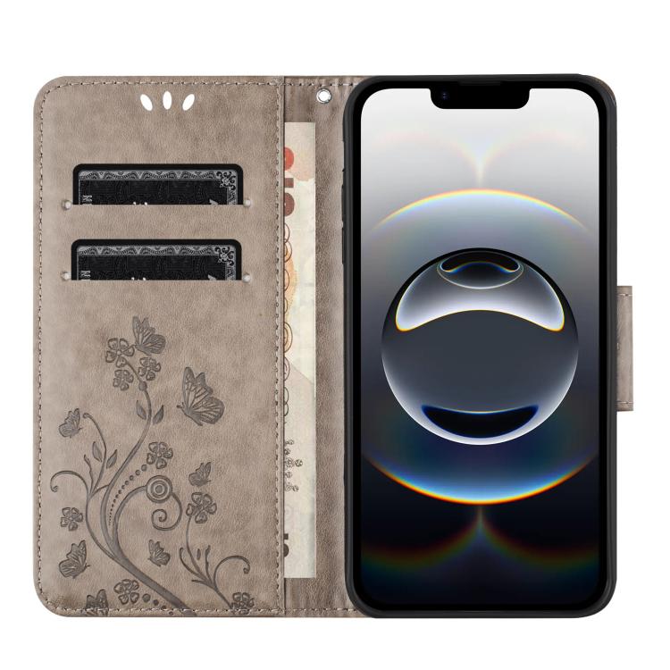 For iPhone 16e Butterfly Flower Pattern Flip Leather Phone Case(Grey)