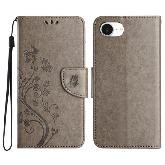 For iPhone 16e Butterfly Flower Pattern Flip Leather Phone Case(Grey)