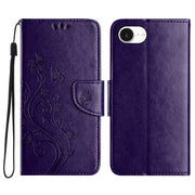 For iPhone 16e Butterfly Flower Pattern Flip Leather Phone Case(Dark Purple)