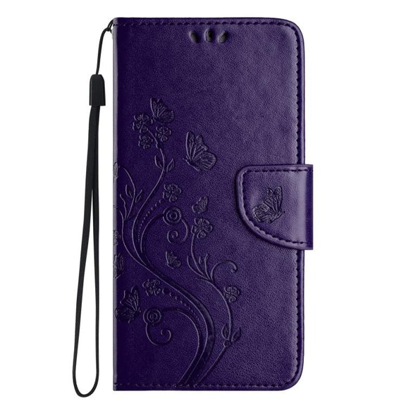 For iPhone 16e Butterfly Flower Pattern Flip Leather Phone Case(Dark Purple)