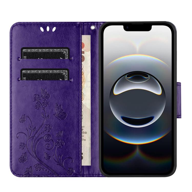 For iPhone 16e Butterfly Flower Pattern Flip Leather Phone Case(Dark Purple)