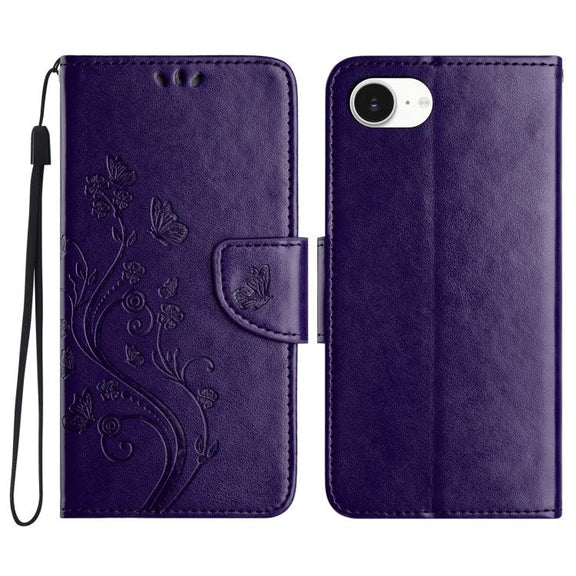 For iPhone 16e Butterfly Flower Pattern Flip Leather Phone Case(Dark Purple)