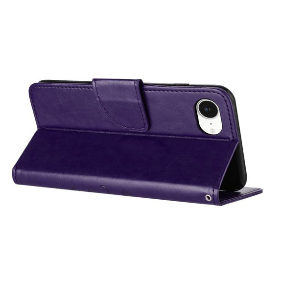 For iPhone 16e Butterfly Flower Pattern Flip Leather Phone Case(Dark Purple)