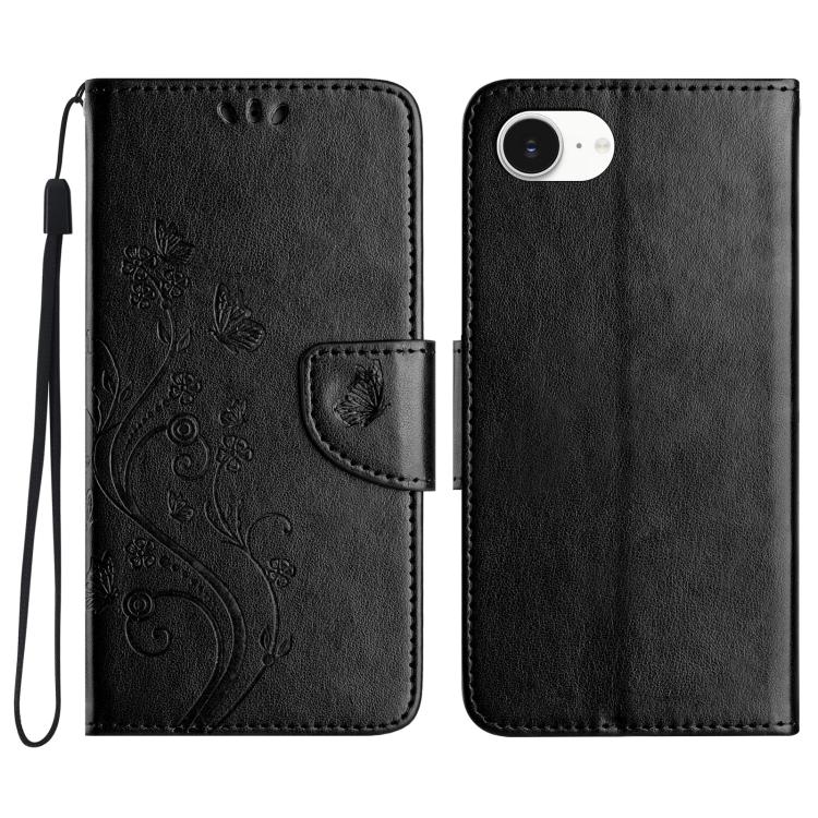 For iPhone 16e Butterfly Flower Pattern Flip Leather Phone Case(Black)