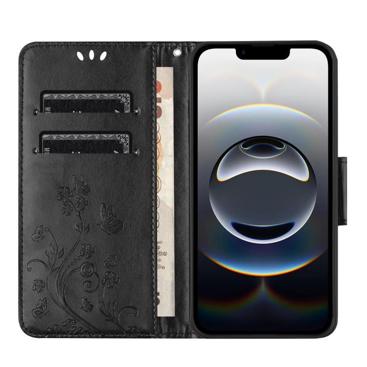 For iPhone 16e Butterfly Flower Pattern Flip Leather Phone Case(Black)