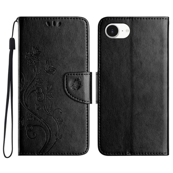 For iPhone 16e Butterfly Flower Pattern Flip Leather Phone Case(Black)