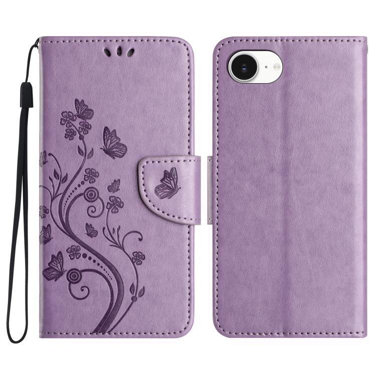 For iPhone 16e Butterfly Flower Pattern Flip Leather Phone Case(Light Purple)
