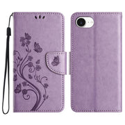 For iPhone 16e Butterfly Flower Pattern Flip Leather Phone Case(Light Purple)