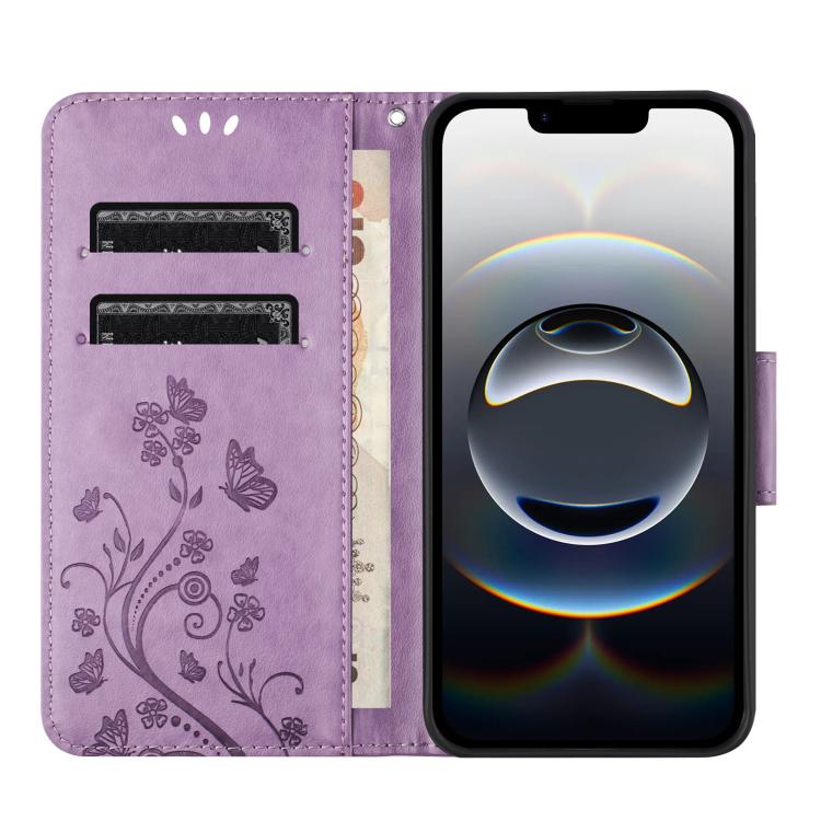 For iPhone 16e Butterfly Flower Pattern Flip Leather Phone Case(Light Purple)