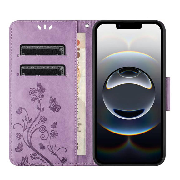 For iPhone 16e Butterfly Flower Pattern Flip Leather Phone Case(Light Purple)
