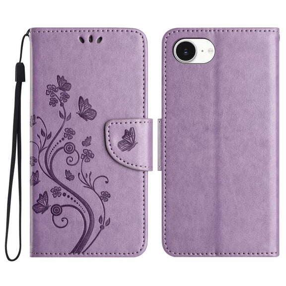 For iPhone 16e Butterfly Flower Pattern Flip Leather Phone Case(Light Purple)