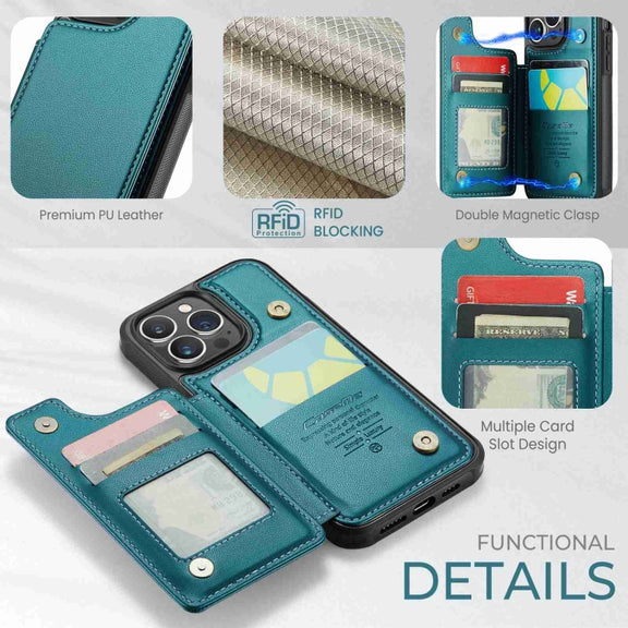 For iPhone 13 Pro CaseMe C22 Card Slots Holder RFID Anti-theft Phone Case(Blue Green)