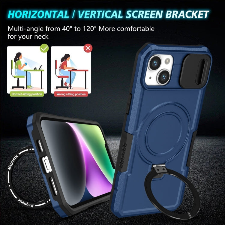 For iPhone 15 Sliding Camshield Magsafe Holder TPU Hybrid PC Phone Case(Royal Blue)