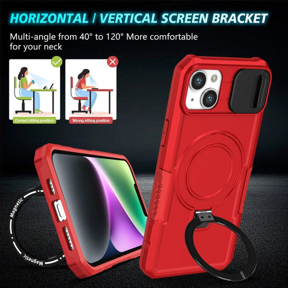 For iPhone 14 Sliding Camshield Magsafe Holder TPU Hybrid PC Phone Case(Red)