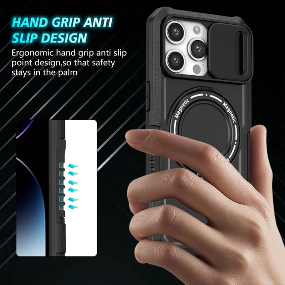 For iPhone 14 Pro Sliding Camshield Magsafe Holder TPU Hybrid PC Phone Case(Black)