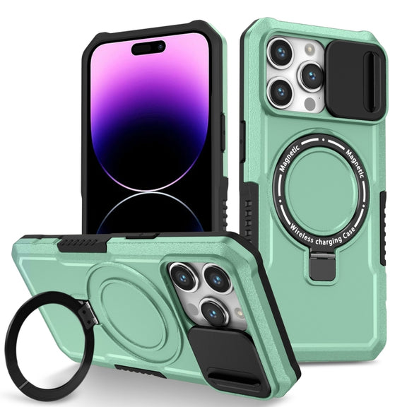 For iPhone 14 Pro Max Sliding Camshield MagSafe Holder TPU Hybrid PC Phone Case(Light Blue)