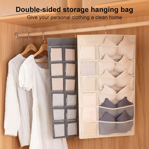 6+6 Grids Underwear Storage Bag Non-woven Double-sided Hanging Storage Bag(Beige)