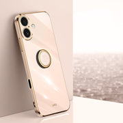 For iPhone 16 Plus XINLI Straight Edge 6D Electroplate TPU Phone Case with Ring Holder(Pink)
