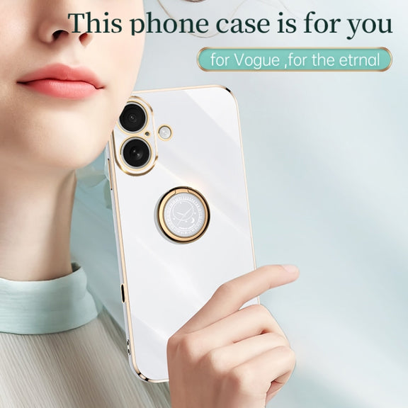 For iPhone 16 XINLI Straight Edge 6D Electroplate TPU Phone Case with Ring Holder(Celestial Blue)