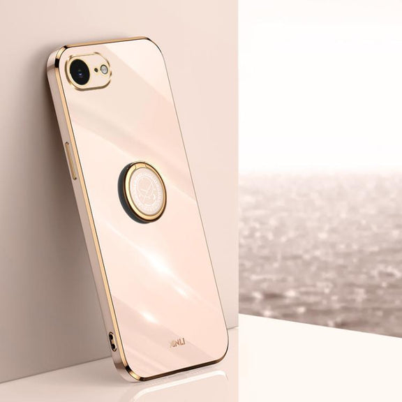 For iPhone 16e XINLI Straight Edge 6D Electroplate TPU Phone Case with Ring Holder(Pink)