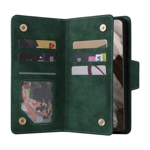 For Google Pixel 8 Rivet Buckle 9 Cards Three Fold Leather Phone Case(Green)