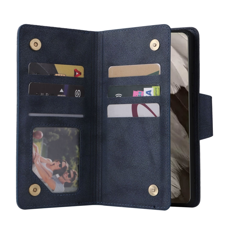 For Google Pixel 8 Rivet Buckle 9 Cards Three Fold Leather Phone Case(Blue)