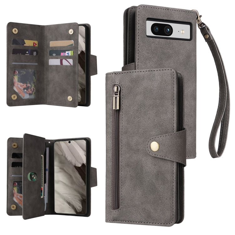 For Google Pixel 8 Rivet Buckle 9 Cards Three Fold Leather Phone Case(Grey)