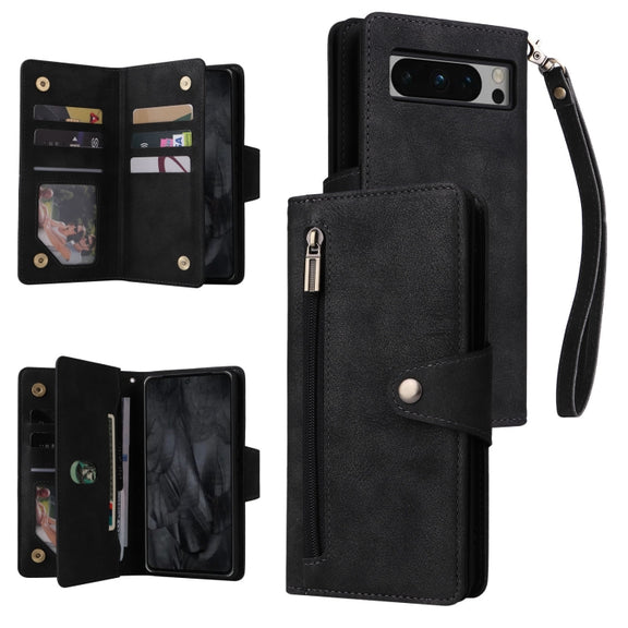 For Google Pixel 8 Pro Rivet Buckle 9 Cards Three Fold Leather Phone Case(Black)