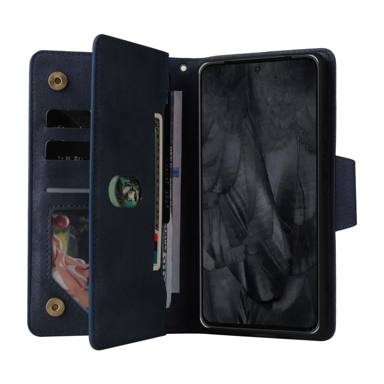For Google Pixel 8 Pro Rivet Buckle 9 Cards Three Fold Leather Phone Case(Blue)