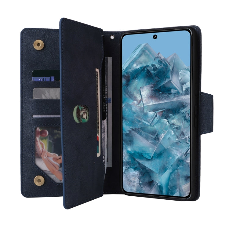 For Google Pixel 8a Rivet Buckle 9 Cards Three Fold Leather Phone Case(Blue)