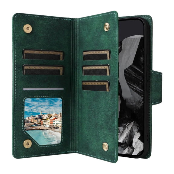 For Google Pixel 9 Pro Rivet Buckle 9 Cards Three Fold Leather Phone Case(Green)