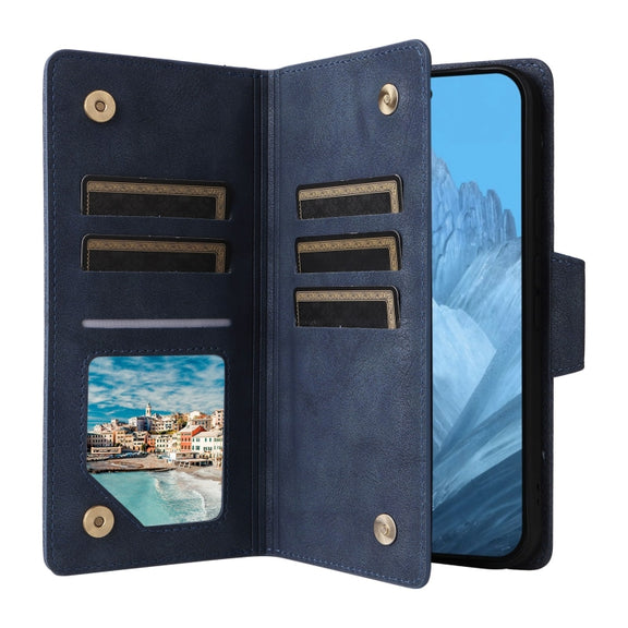 For Google Pixel 9 Rivet Buckle 9 Cards Three Fold Leather Phone Case(Blue)