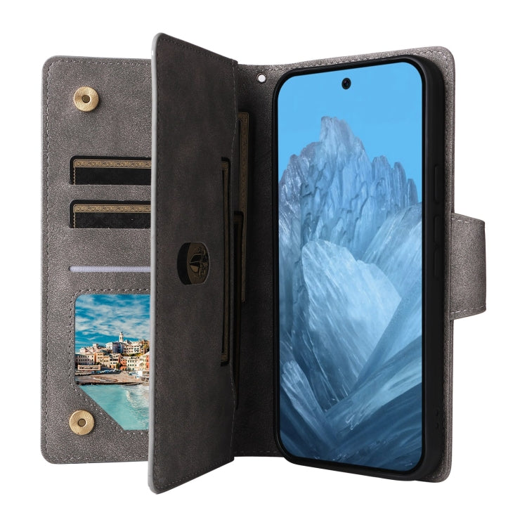 For Google Pixel 9 Rivet Buckle 9 Cards Three Fold Leather Phone Case(Grey)