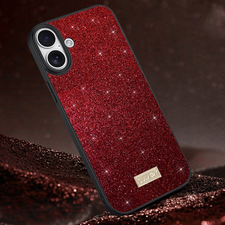 For iPhone 16 SULADA Glittery PC Hybrid TPU Handmade Leather Phone Case(Red)