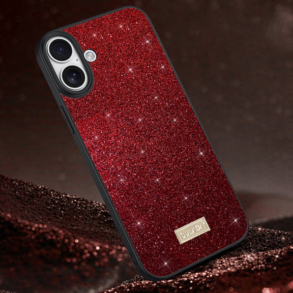 For iPhone 16 SULADA Glittery PC Hybrid TPU Handmade Leather Phone Case(Red)