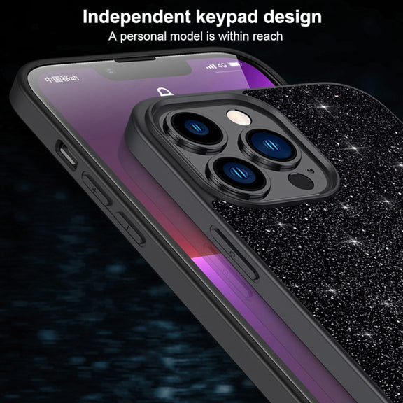 For iPhone 16 Plus SULADA Glittery PC Hybrid TPU Handmade Leather Phone Case(Black)