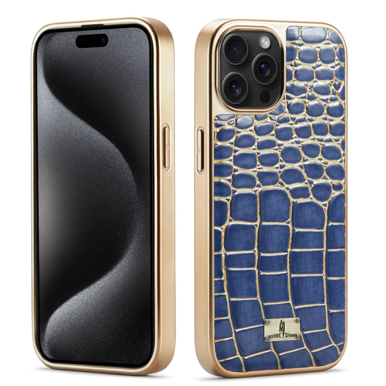 For iPhone 15 Pro Max Fierre Shann Crocodile Texture Electroplating PU Phone Case(Blue)