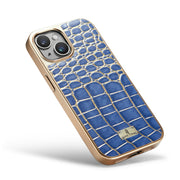 For iPhone 15 Pro Max Fierre Shann Crocodile Texture Electroplating PU Phone Case(Blue)