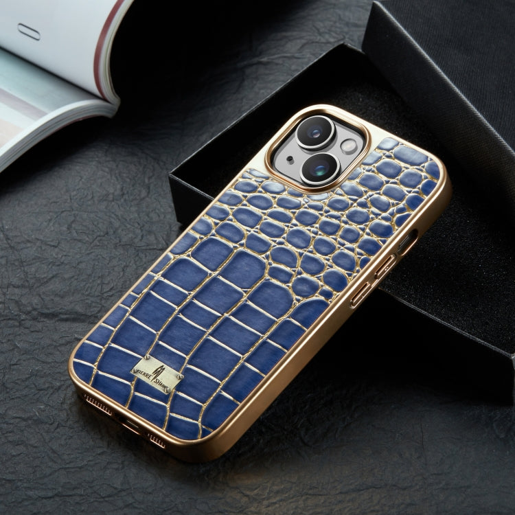 For iPhone 15 Pro Max Fierre Shann Crocodile Texture Electroplating PU Phone Case(Blue)