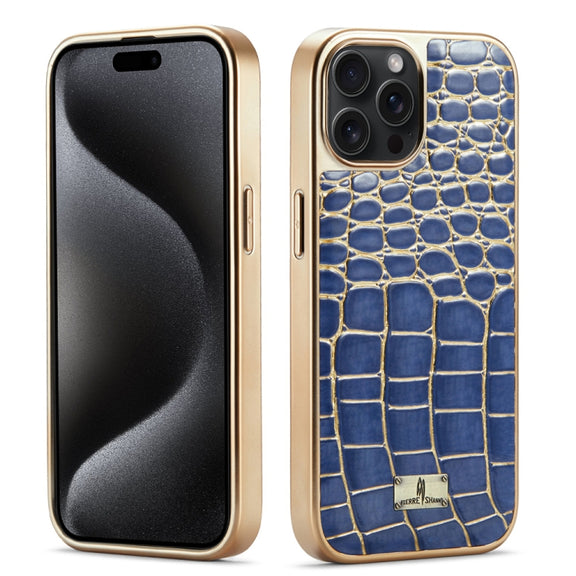 For iPhone 15 Pro Max Fierre Shann Crocodile Texture Electroplating PU Phone Case(Blue)