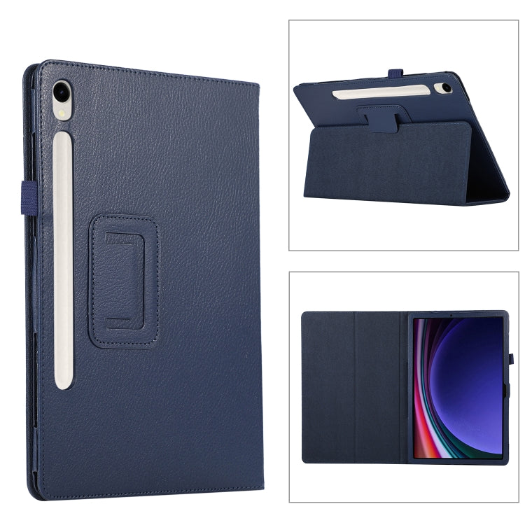 For Samsung Galaxy Tab S9 Litchi Texture Leather Tablet Case with Holder(Dark Blue)