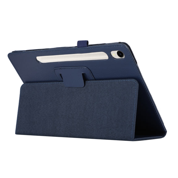 For Samsung Galaxy Tab S9 Litchi Texture Leather Tablet Case with Holder(Dark Blue)