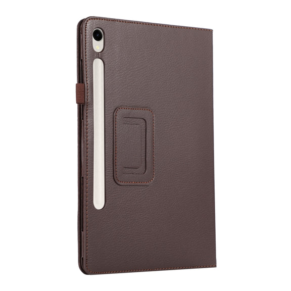 For Samsung Galaxy Tab S9 Litchi Texture Leather Tablet Case with Holder(Brown)