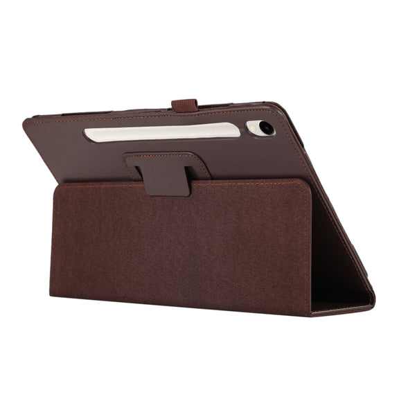 For Samsung Galaxy Tab S9 Litchi Texture Leather Tablet Case with Holder(Brown)