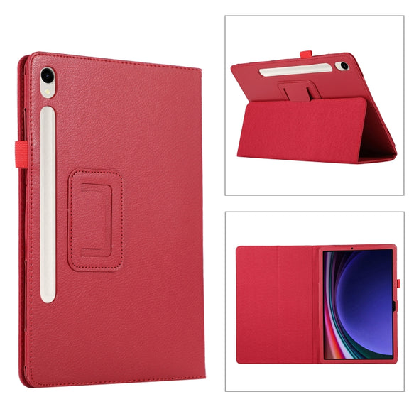 For Samsung Galaxy Tab S9 Litchi Texture Leather Tablet Case with Holder(Red)