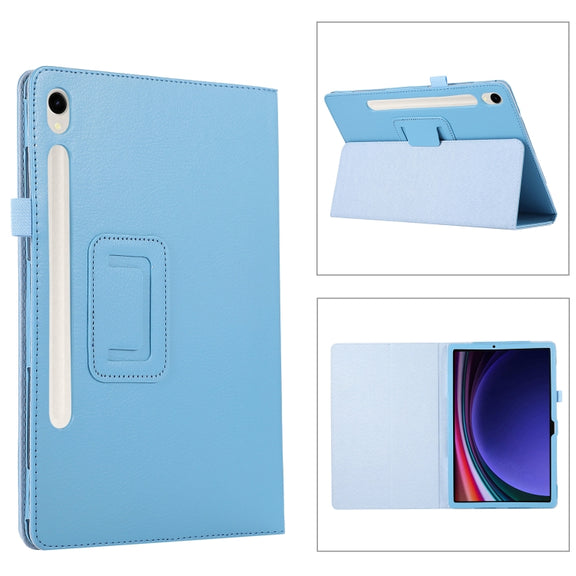 For Samsung Galaxy Tab S9 Litchi Texture Leather Tablet Case with Holder(Sky Blue)